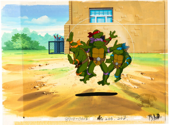 C-29826. Teenage Mutant Ninja Turtles – Cel de Producción de Leonardo, Donatello, Michelangelo y Raphael en el episodio “Curse of the Evil Eye” (Murakami-Wolf-Swenson, c. 1987–96, minuto 17:27)