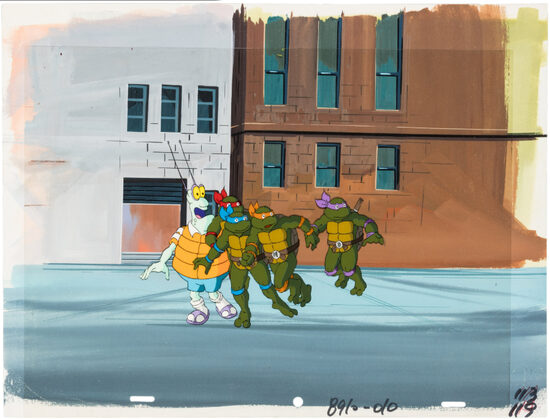 C-29827. Teenage Mutant Ninja Turtles – Cel de Producción de Leonardo, Donatello, Michelangelo, Raphael y Fripp en el episodio “Camera Bugged” (Murakami-Wolf-Swenson, c. 1987–96, minuto 17:16)