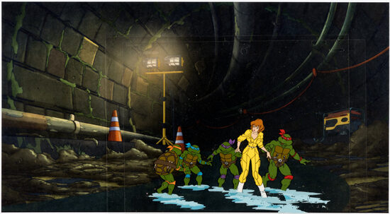 C-29828. Teenage Mutant Ninja Turtles – Cel de Producción de April O’Neil con Leonardo, Donatello, Raphael y Michelangelo (Murakami-Wolf-Swenson, c. 1987–1989)