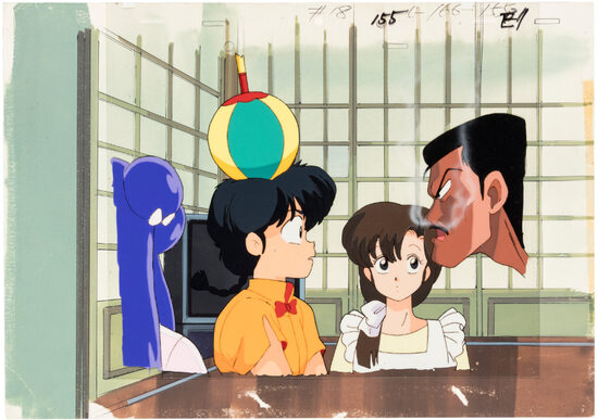 C-29830. Ranma ½ – Cel de Producción de Shampoo, Ranma, Kasumi y Soun en el episodio “Enter Shampoo, the Gung-Ho Girl! I Put My Life in Your Hands” (Studio Deen, 1989, minuto 13:32)