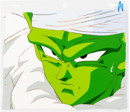 C-29837. Dragon Ball Z – Cel de Producción de Piccolo con dibujo de animación y hoja de exposición en el episodio “Empty Planet” (Toei Animation, 1995, minuto 8:35)