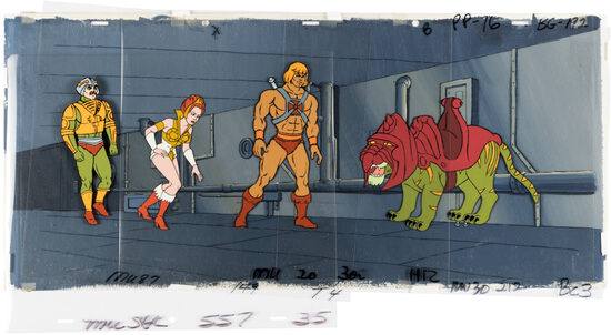C-29844. He-Man and the Masters of the Universe – Group Shot Production Cel Setup con fondo maestro de She-Ra: Princess of Power (Filmation, 1983–1985 minuto 14:47)