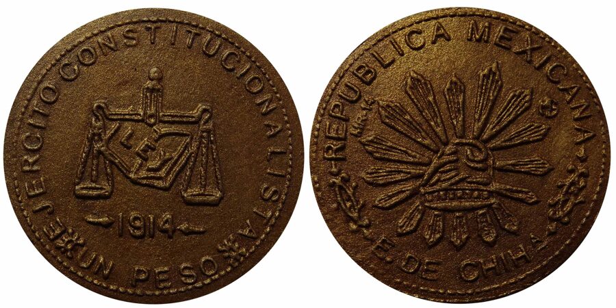 Medalla No 14: "1 Peso 1914, Ejército Constitucionalista, Chihuahua GB 71"