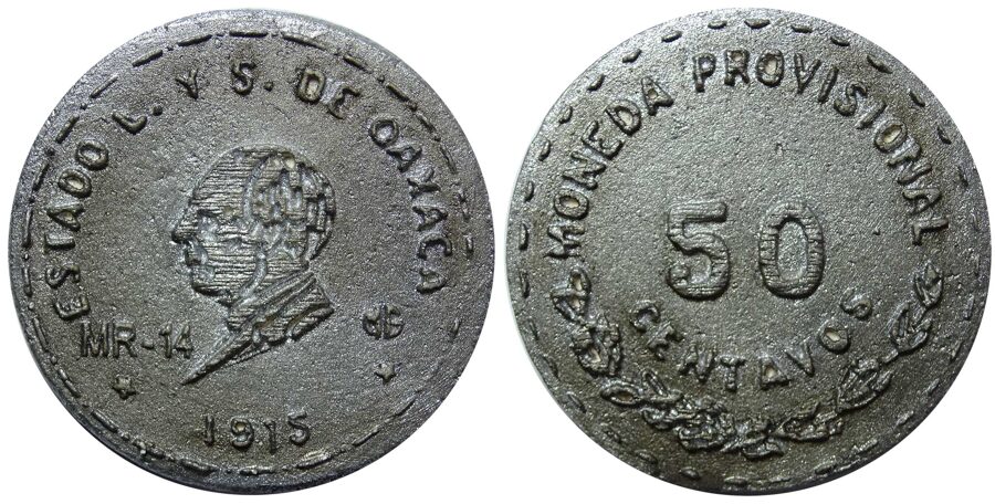 Medalla No 15: "50 Centavos 1915, Oaxaca. Cospel Grande"