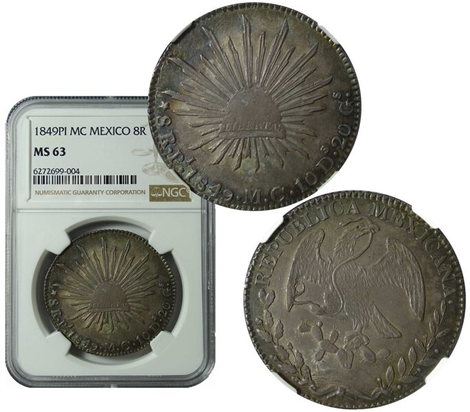 8 Reales Pi 1849 Mc, Atractiva Segunda Mejor Certificada Ngc Ms63 (Id: 25401)