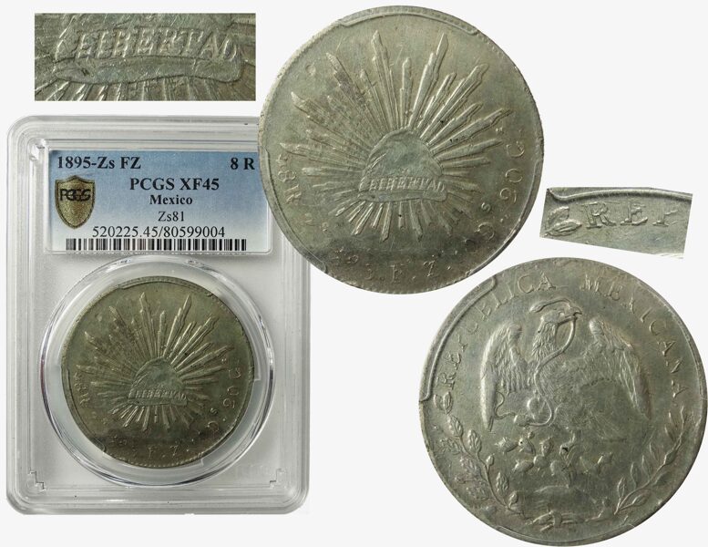 8 Reales Zs 1895 Fz, Doble Golpe, Certificada Pcgs Xf45, Error Escaso (Id: 25410)
