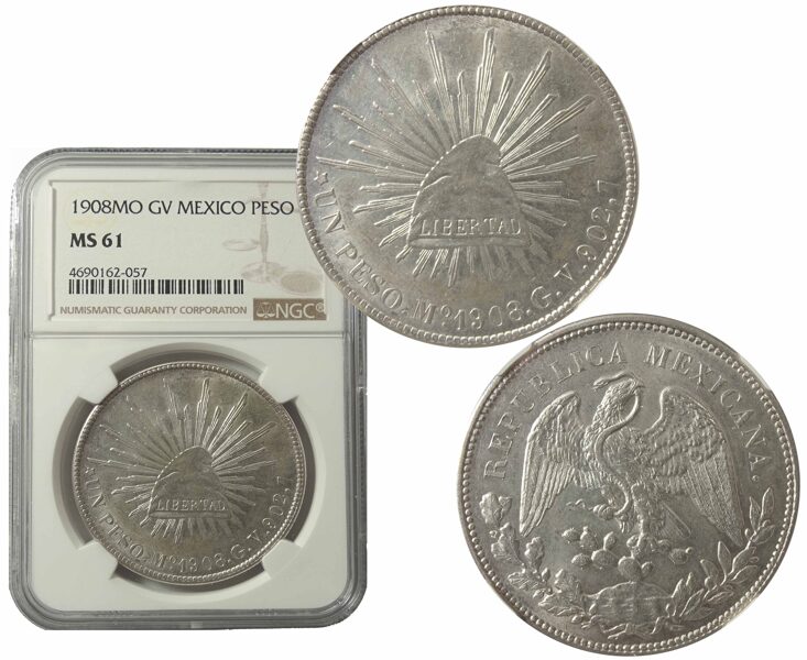 1 Peso Mo 1908 Gv, Certificada Ngc Ms61 (Id: 25419)