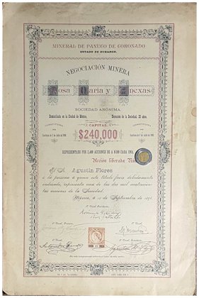 Acción Negociación Minera Rosa María Y Anexas, Durango, 1896 100 (Id: 7174)