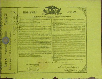 A. Bono Al Portador 25 Pesos, Republica Mexicana De 1863 (Id: 82)